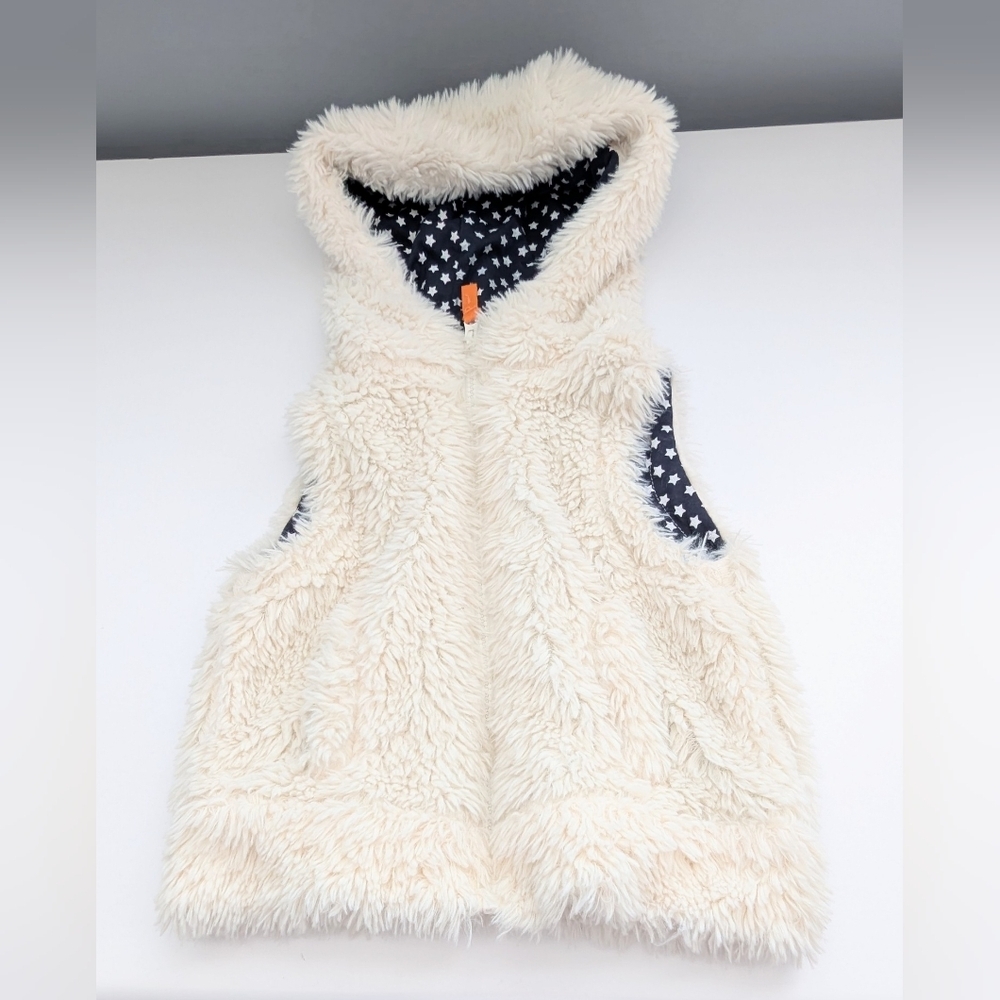 Me Jane Kids' (Size 6) White/Off-White Faux-Fur Zip-Up Vest with Hood